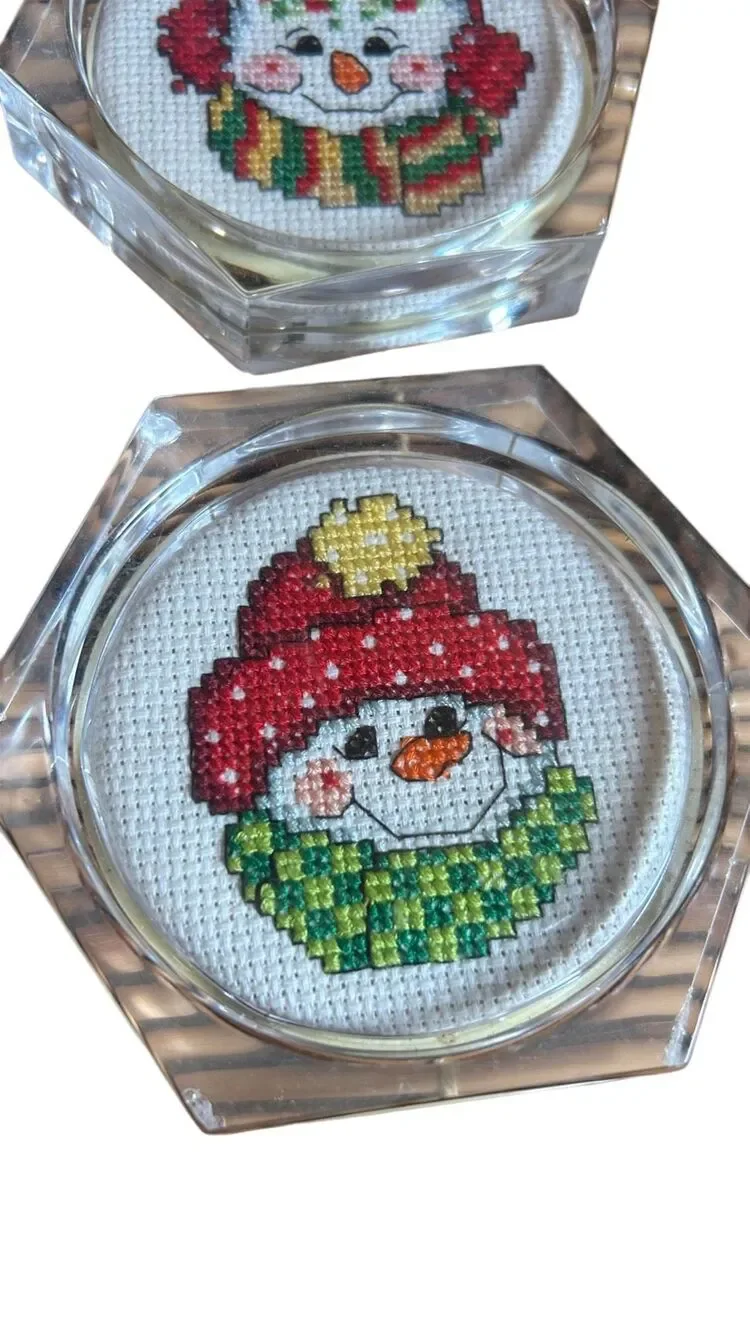 Snowmen Acrylic Handmade Cross Stitch Coasters Set of 4